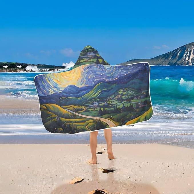 Hooded Towel for Kids Starry Night of Village Fields Beach Wrap Bath Towels 50x23.5in