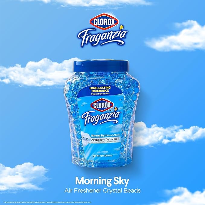 Clorox Fraganzia Crystal Beads Air Freshener, Long Lasting Room Deodorizer and Odor Eliminator Gel Beads to Freshen Home, Car, or Office, Morning Sky Scent, 12 Fl Oz - 2 Pack