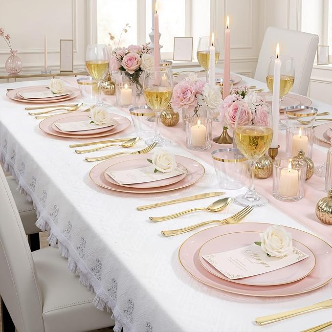 WDF 300Pcs Pink Plates Disposable - Pink and Gold Plastic Dinnerware Set for 50 Guests Include 50 Dinner & Cake Plates & 50 Disposable Cutlery & 50 9oz Cups for Wedding/Baby Shower/Birthday