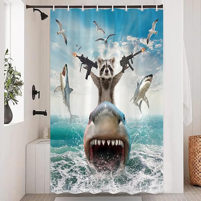 TOMOZ Funny Animal Shower Curtain, Cool Raccoon Riding Shark Theme Ocean Shower Curtain for Bathroom, Fun Nautical Kids Children Fabric Bath Curtain with 12 Hooks 48 x 70Inch