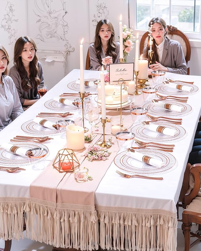 Ciaell 350PCS Rose Gold Plastic Plates - Clear Rose Gold Disposable Plates with Plastic Silverware include 100Plates, 150Silverware, 50Cups, 50Napkins for Wedding & Party