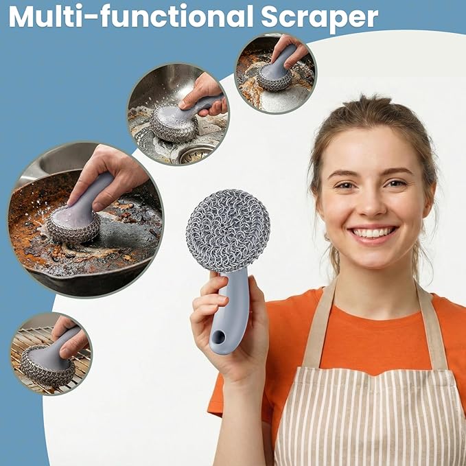 Cast Iron Scrubber with Long Handle | 316 Cast Iron Cleaner Chainmail Scrubber for Pan Skillet Cleaner - Dish Scouring Pad Dishwasher Safe Cleaning Kit (Grey, 1 Scrubber + 1 Scraper)