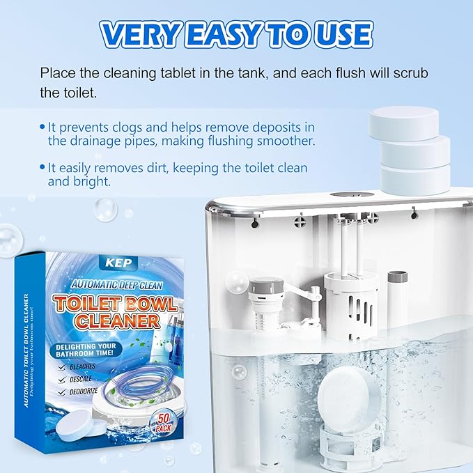 Automatic Toilet Cleaner Tablets–Powerful Bleach Action, Destroys Limescale & Eliminates Odors, Septic-Safe, Continuous Cleaning, Drop-In Tank , Simple and effective to use Works with Toilets-50 pack.