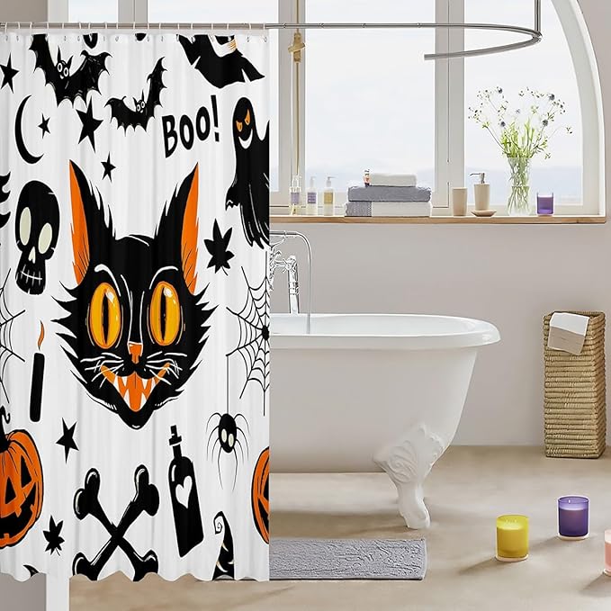 Halloween Cartoon Cat Shower Curtain,Cat Bat Pumpkin Lantern Spider Web Bath Curtain for Kids Bathroom Decor,Watercolor Moon and Star Print Waterproof Shower Curtain 72" Wx84 L
