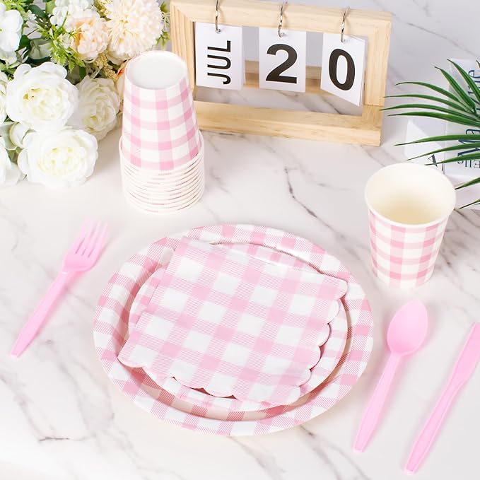 Vyntra 175 Pcs Pink & White Checkered Gingham Paper Plates and Napkins Set for 25, 9" Dinner Plates & 7" Dessert Plate, Baby Girl Shower Bridal Shower Birthday Party, Valentine’s Day