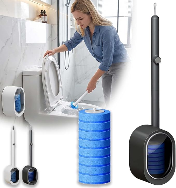 Disposable Toilet Bowl Cleaner Wand, Toilet Scrubber Kit with Self-Cleaning Disposable Pads – No Pre-Rinse (Grey+8Pcs Brush Heads)