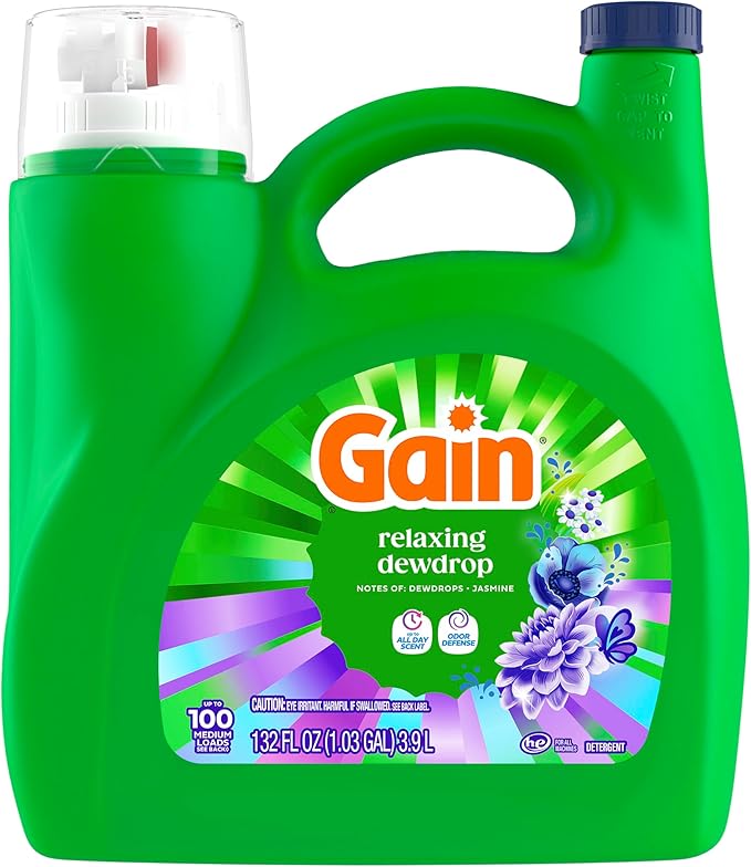 Gain Liquid Laundry Detergent, With Odor Defense, Relaxing Dewdrop Scent, Laundry Soap For HE Washing Machines, 132 fl oz, 100 Loads (Packaging May Vary)