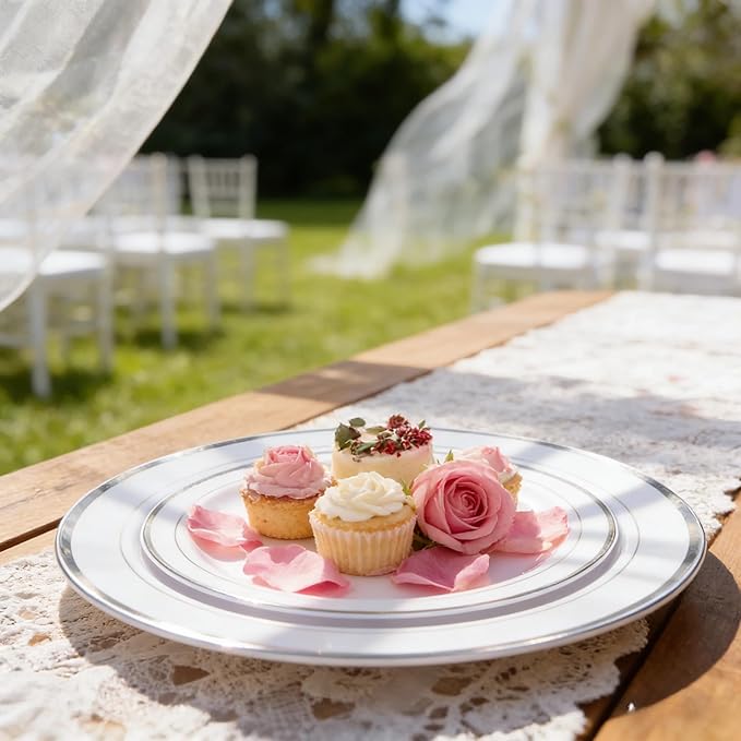 FLOWERCAT 60PCS Silver Plastic Plates - Heavy Duty White and Silver Plastic Plates Disposable - Include 30PCS 10.25inch Dinner Plates and 30PCS 7.5inch Dessert Plates for Wedding&Birthday Party
