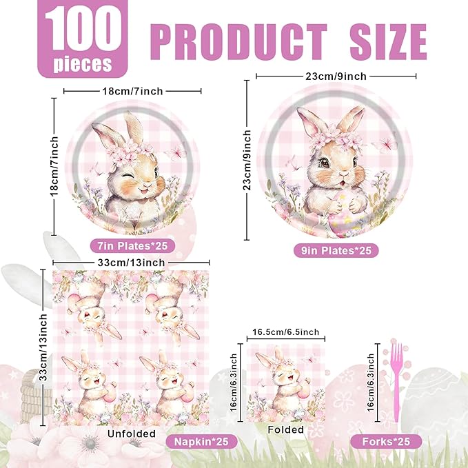 100 Pcs Easter Gingham Tableware Party Supplies - Disposable Pastel Plaid Bunny Dinnerware Set with Paper Plates and Napkins for Spring Parties,Easter Celebrations,and Holiday Gatherings - Serves 25