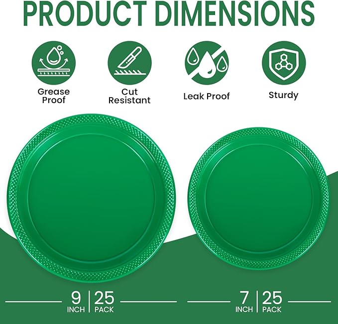 LANLISA 50 Pcs Green Plastic Plates For Party, 25-9" & 25-7" Disposable Cake Dessert Plates For Birthday, St Patricks Day, Christmas Dinner
