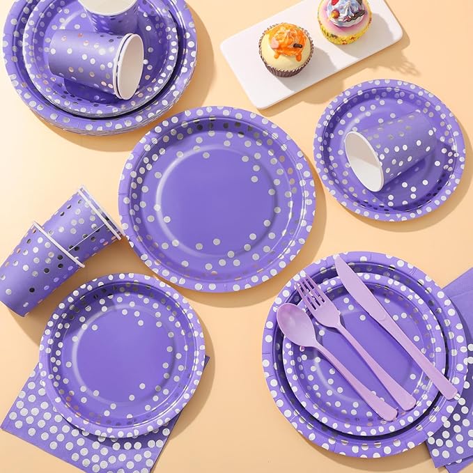 Purple Party Decorations, 168Pcs Purple Plates and Napkins Party Supplies, Lavender Birthday Plates Serves 24, Birthday Decorations for Mardi Gras, Graduation, Mothers Day
