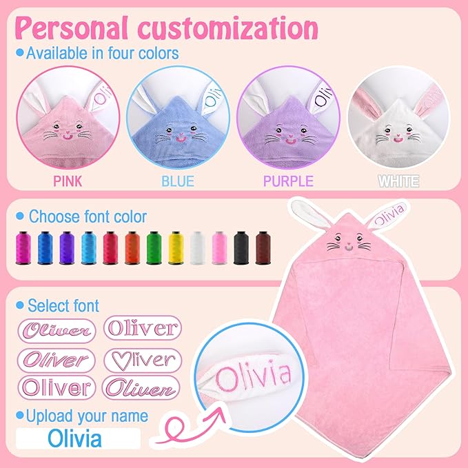 Baosity Custom Hooded Bath Towel for Babies,Soft Highly Absorbent Bunny Baby Towel with Name,Baby Towels for Newborn,Personalized Baby Shower Easter Birthday Gifts for Toddler Girls Boys