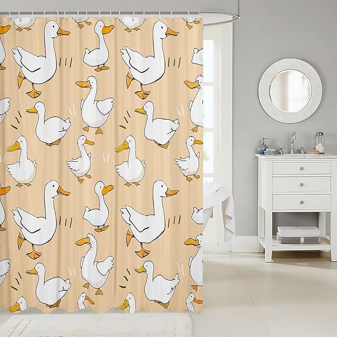 Cute Duck Shower Curtain Waterproof Fabric,Cartoon Farmhouse Livestock Animal Bath Curtain,Kawaii Goose Hand Drawn Orange Hanging Curtain with Hooks for Bathtubs, 72Wx78L inch
