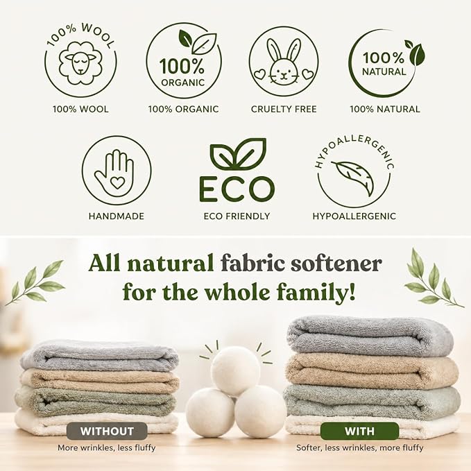 Wool Dryer Balls XL 6-Pack – Organic Wool Dryer Balls for Laundry Reusable, Natural Fabric Softener, Reduces Drying Time, Static, Wrinkles & Laundry Clumping