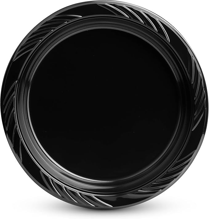 Munfix 100 Pack Black Plastic Dinner Plates, 9 Inch Disposable Plates Bulk Pack, Party Plates for BBQ, Picnic, Parties, Travel and Events, Microwavable Recyclable