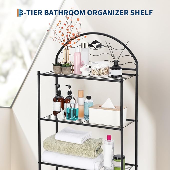 3 Tier Bathroom Over Toilet Storage Organizer Rack, Over the Toilet Storage, Space Saver Wrought Metal Bathroom Shelves, Freestanding Bathrooms Shelf for Restroom Laundry Balcony