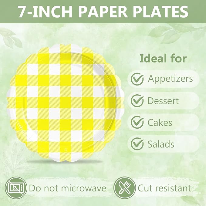 Mulbozy 75 Yellow Gingham Plates and Napkins Disposable Set Includes 25 Dessert Cake Scalloped Plates, Cocktail Napkins & Forks, for Fork 25 Guests Holiday Party Supplies.