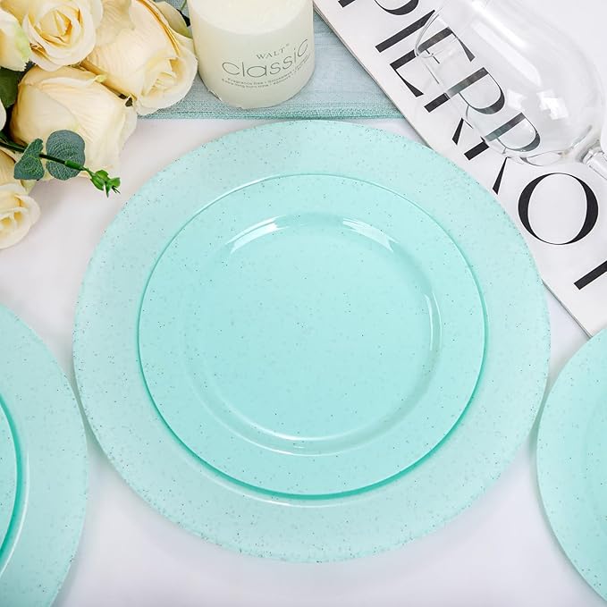 DaYammi 60Pcs Greeen Plastic Plates,Disposable Green Plates With Glitter,Granite Plastic Platos Include 30 Dinner Plate 10.25inch,30 Dessert Plate 7.5inch,Green plastic plates for Party Dinner