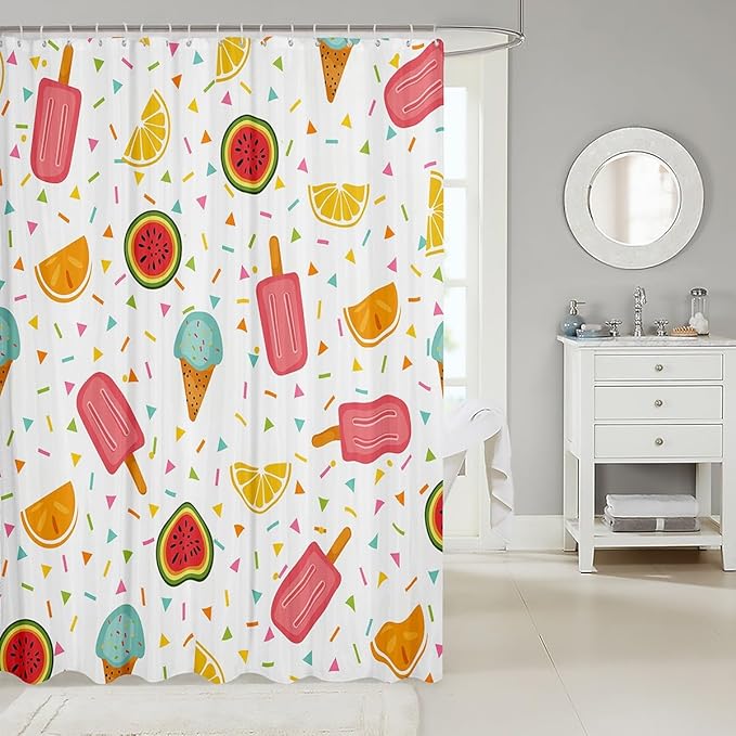 Fruits Bath Curtain Girls Cartoon Ice Cream Bathroom Shower Curtain Set Cute Watermelon Orange Shower Curtain For Kids Girly Vibrant Sweet Summer Waterproof Shower Curtain with Hooks 72x72 Inch