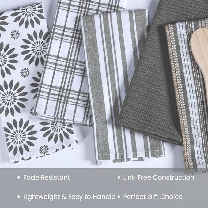 100% Cotton Assorted Kitchen Towels - Assorted Set of 5 Large 16x26 inch - Soft Absorbent Durable - Ideal for Drying, Cleaning, and Everyday Kitchen Use - Quick-Drying Dish Towel Grey