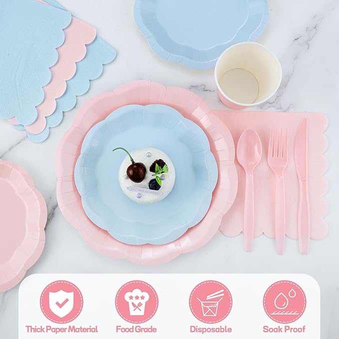 175 Pcs Baby Gender Reveal Plates and Napkins Set, 25 Guest Boy or Girl Gender Reveal Party Supplies Include Light Pink and Light Blue Plates Napkin Cup Plastic Spoon Fork Knive for Baby Shower