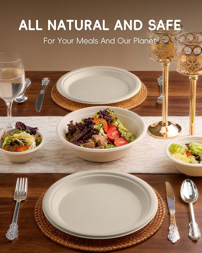 Goodluck 9 Inch Natural Compostable Plates 150 Pack, 100% FSC Certified Unbleached Bagasse Paper Plates, Heavy Duty Eco Friendly Disposable Plates for Party, Wedding, BBQ, Catering & Everyday Use