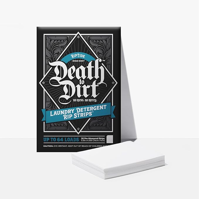 Death to Dirt Laundry Detergent Sheets, 64 Loads, Tough on Stains and Odors, Gentle on Skin and Fabric, Plant-Based & Eco-Friendly, RipTide Ocean Scent, 32ct