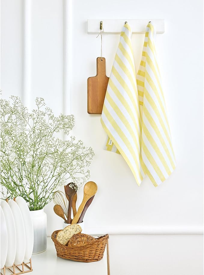 Solino Home Yellow and White Linen Kitchen Towels Set of 2-100% Pure Linen 17 x 26 Inch Sorrento Stripe Tea Towels with Hanging Loop - European Flax Kitchen Dish Cloth- Quick Dry & Machine Washable