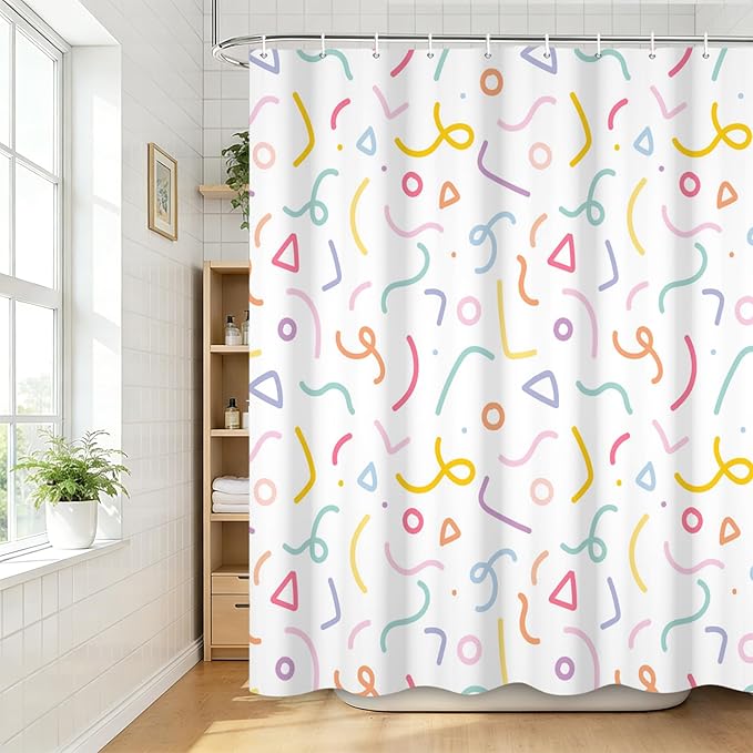 Cute Colorful Doodle Shower Curtains Playful Confetti Shower Curtain Decorative for Bathroom Pastel Waterproof Fabric Bathroom Decorations with Hooks 60x72 Inches