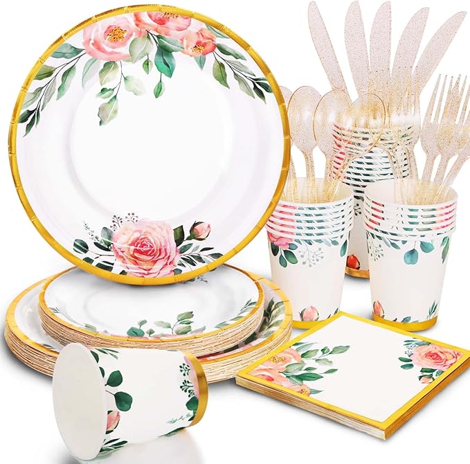 168PCS Floral Plates and Napkins Party Supplies,Vintage Floral Paper Plates Set With Gold Rim Serve 24 Guests,Floral Disposable Plates Tea Party supplies for Adults Bridal Shower Decorations