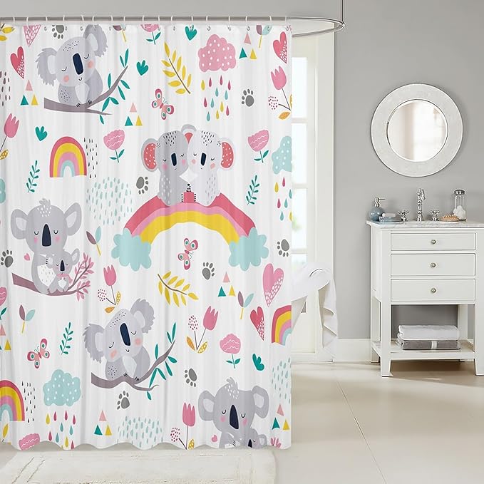 Kids Cute Koala Waterproof Shower Curtains Cartoon Animal Rainbow Fabric Bathroom Shower Curtain Boys Girls Floral Flowers Shower Curtain with Hooks Toddler Colorful Lovely Curtain,72x78 Inches