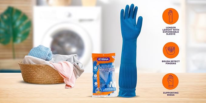 ETERNA Gloves Extra Long, Gloves for Laundry, Kitchen and Household Cleaning, Brush Effect on Fingers, Longer Lenght with Expandable Sleeve, Size M, 3.63 Oz