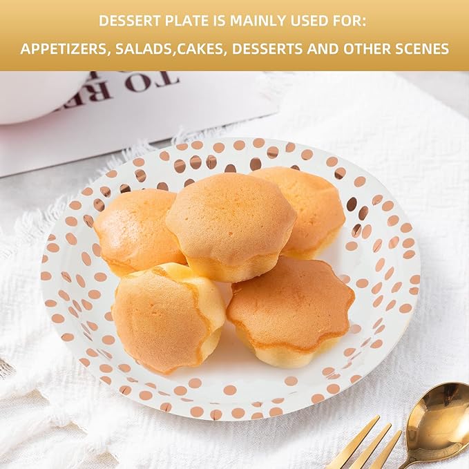 Rose and White Gold Paper Plates,7INCH Rose Dessert Plates,Disposable Party Supplies Dessert Paper Plate for Birthdays,Bridal Showers,Weddings(100 PCS)