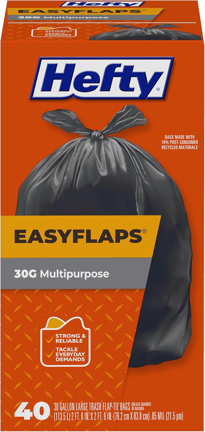 Hefty Easy Flaps Multipurpose Large Trash Bags, 30 Gallon, 40 Count (Pack of 6)