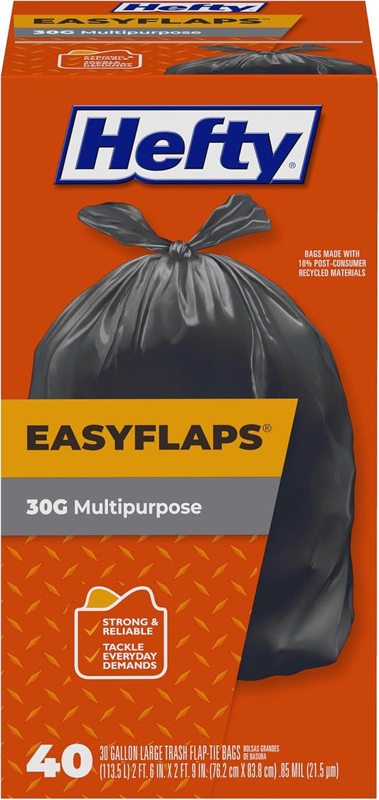 Hefty Easy Flaps Multipurpose Large Trash Bags, 30 Gallon, 40 Count (Pack of 6)