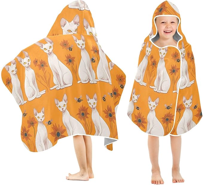 Kids Hooded Beach Towel Energetic Sphynx Cats Orange Hooded Beach Towel for Girl Boy Quick Dry Bath Towel with Hood