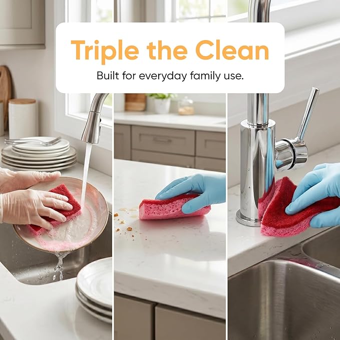 Superio Non-Scratch Cellulose Sponge Kitchen Scrub Sponges with Scouring Pad Set, Good for Non-Stick Cookware Frying Pan, Pot, Counter Top, Sink Scrubbing, Kitchen Scrubbers, Pack of 3, RedPink