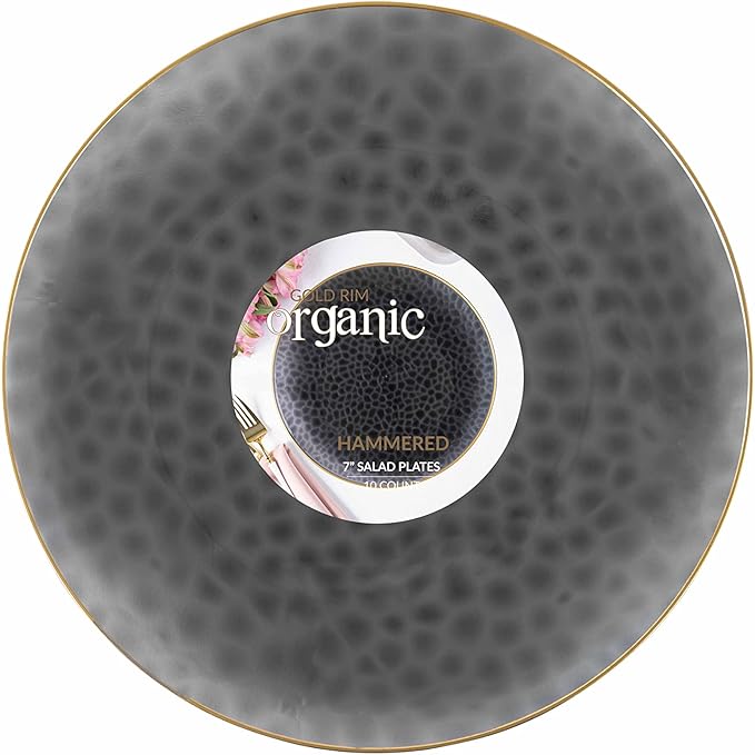 PLASTICPRO 30 Pack Hammered Plastic Plates Heavyweight Disposable Plastic Plates Elegant Transparent Black Plates With Gold Rim Platsic Party Dishes (Transparent Black With Gold Rim, 7'' INCH PLATES)