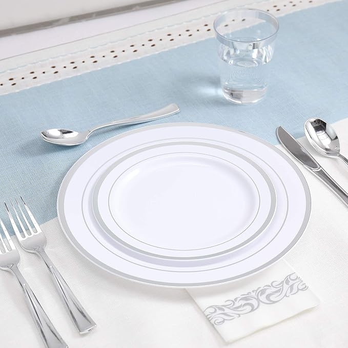 FOCUSLINE 175 Count Silver Dinnerware Set for 25 Guests - Silver Rimmed Disposable Plastic Plates Heavy Duty, Includes 25 Dinner & Salad Plates, Cups, Cutlery Set for Wedding Parties