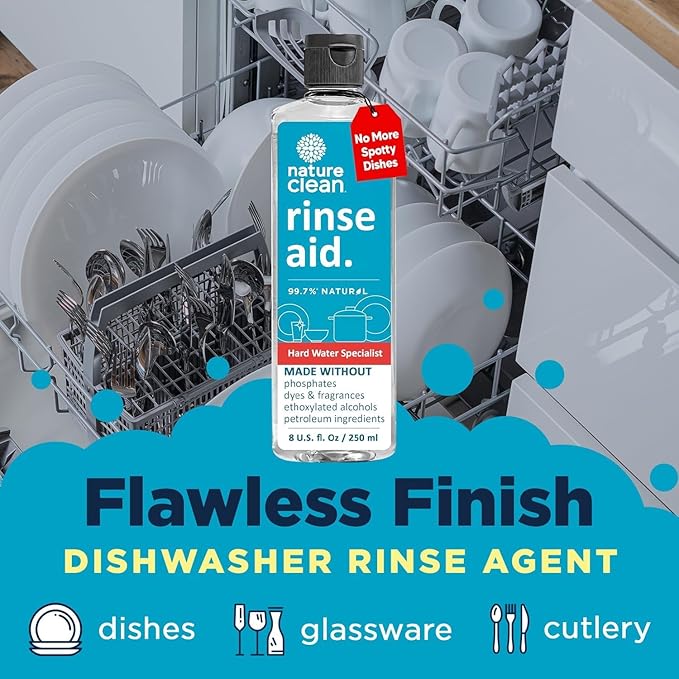 Nature Clean Dishwasher Rinse Aid Liquid, Non Toxic Natural Formula, Spot Free Shine for Glasses & Dishes, Hard Water Stain Remover, Dishwasher Drying Agent, 8 oz/250 ml Pack of 2