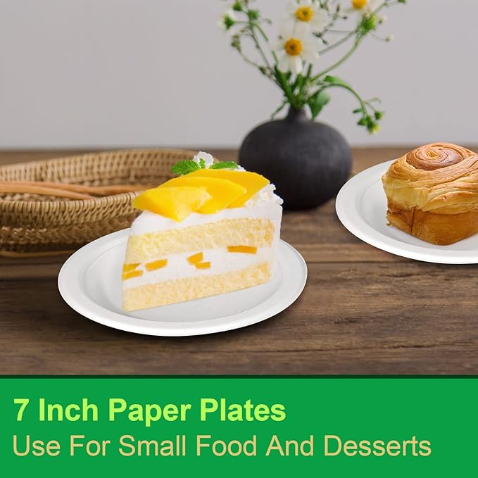 300 Pack Paper Plates Bulk, 7 inch Small Paper Plates, 100% Compostable Plates Eco Friendly Disposable Plates, White Paper Plates for Party Wedding Birthday, Paper Dessert Plates
