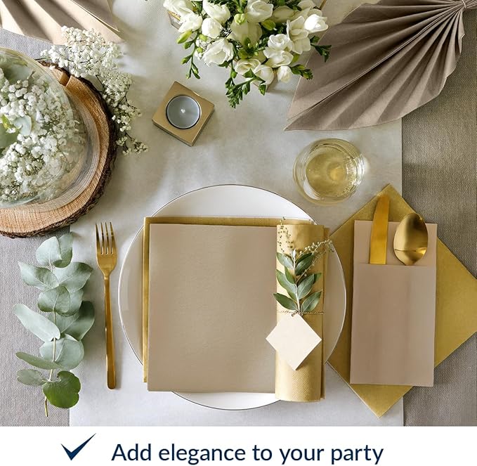 PAW - 50 Pieces Airlaid Paper Linen-Feel Napkins 16" x 16", Monocolor Disposable Cloth-Like Napkins, Elegant Beige Dinner Napkins for Kitchen, Party, Wedding, Gatherings, Christmas