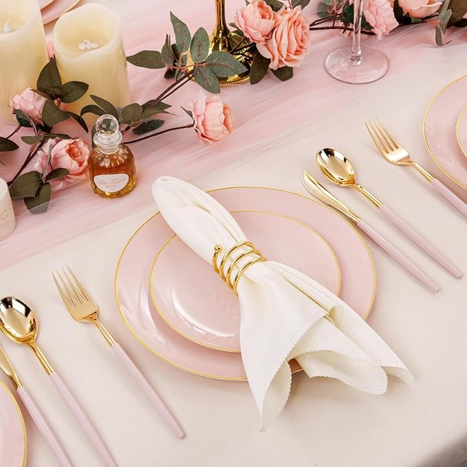 DaYammi 150Pcs Pink Plastic Plates with Gold Rim,Elegant Disposable Dinnerware with Gold Cutlery - 30 Dinner Plate,30 Dessert Plate,30 Knives,30 Forks,30 Spoons,Fancy Pink Plates for Party Wedding