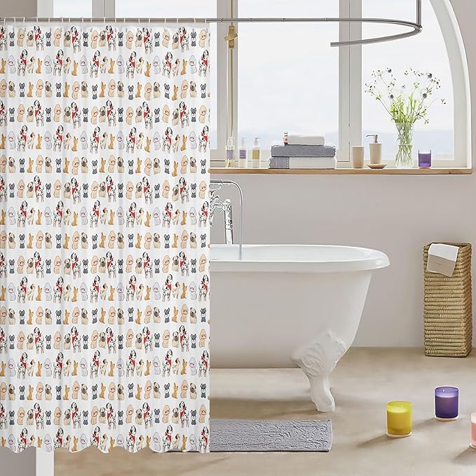 Pup Dog Shower Curtain Set Cartoon Puppy Shower Curtain for Kids Toddler,Cute Sharpei Doggy Bath Curtain Corgi Bulldog Lovely Pet Animal Hanging Curtain Kawaii Room Decor 72"Wx84"L for Dog Lover