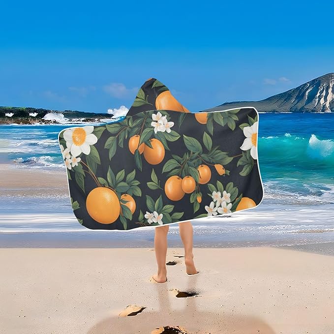 Hooded Towel for Kids Orange Fruit and Flowers Pattern Beach Wrap Bath Towels 50x23.5in