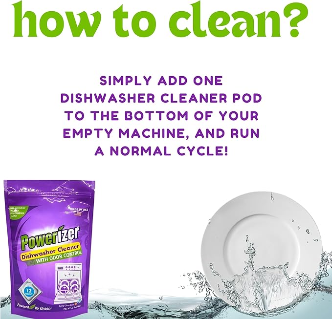 Powerizer Dishwasher Machine Cleaner Pods, 12 Count | Deep Clean Your Dishwasher Machine | Removes Odor & Buildup | Eco-Friendly, Biobased, Non-Toxic Formula