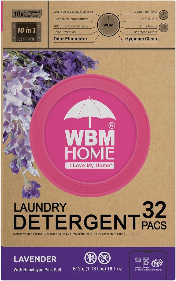 WBM 10-in-1 Laundry Detergent Pods, Fabric Softener with Lavender Extracts, High-Efficiency Laundry Pods with Powerful Stain Lifter Technology - 32 Count Bag