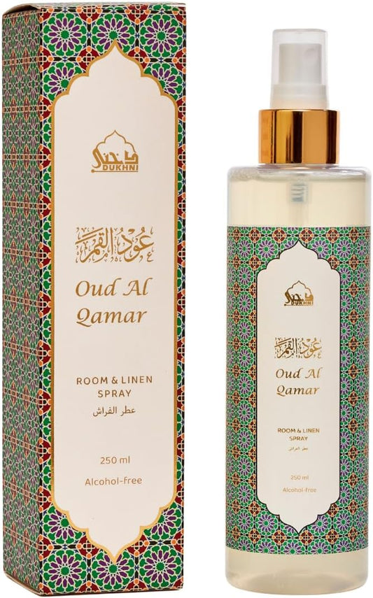 Oud al Qamar Arabic Room Spray by Dukhni | 250ml Oud fragrance Air Freshener, Attar al Faraash for home & prayer mats | Bed linen, Sofa Mist, natural home scent, curtain spray, odour eliminator