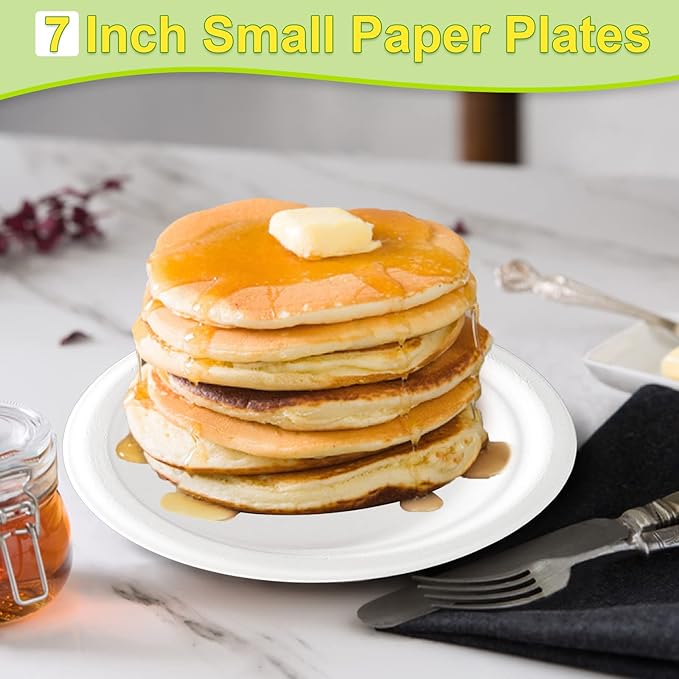 Small Paper Plates 100 Pack, 7 inch Paper Plates Disposable, 100% Compostable Eco Friendly Plates, Small Dessert Plates White Paper Plates Bulk
