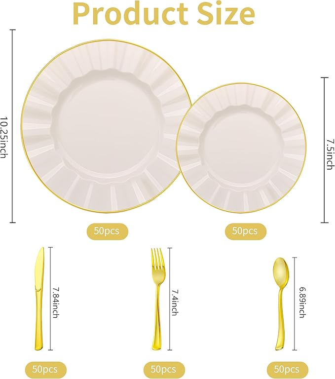 250PCS Ivory and Gold Plastic Dinnerware Set for 50 Guests, Elegant Fancy Disposable Party Plates Include 100 Dinner&Dessert Plates and 150 Silverware for Wedding Party Baby Shower